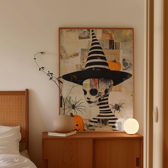 Skeleton Witch Woman Striped Hat Gothic Halloween Bedroom Art Poster