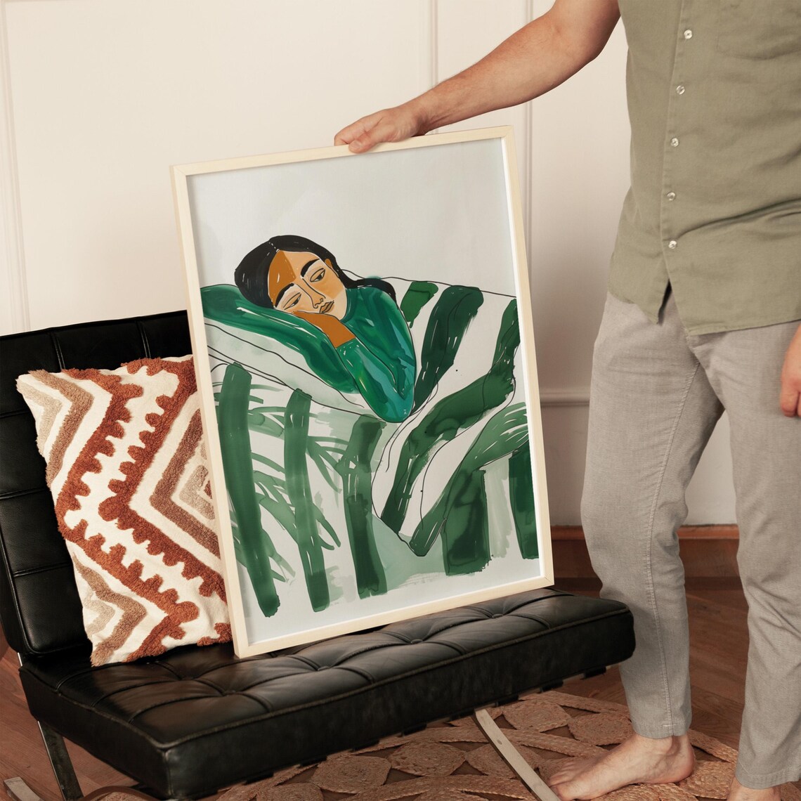 Woman Resting in Green Blanket Cozy Watercolor Portrait Poster - Image 3