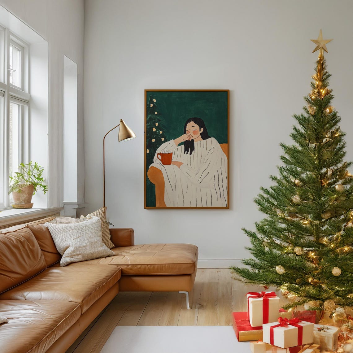 Woman in a White Robe Drinking Hot Cocoa by the Christmas Tree Poster - Image 2