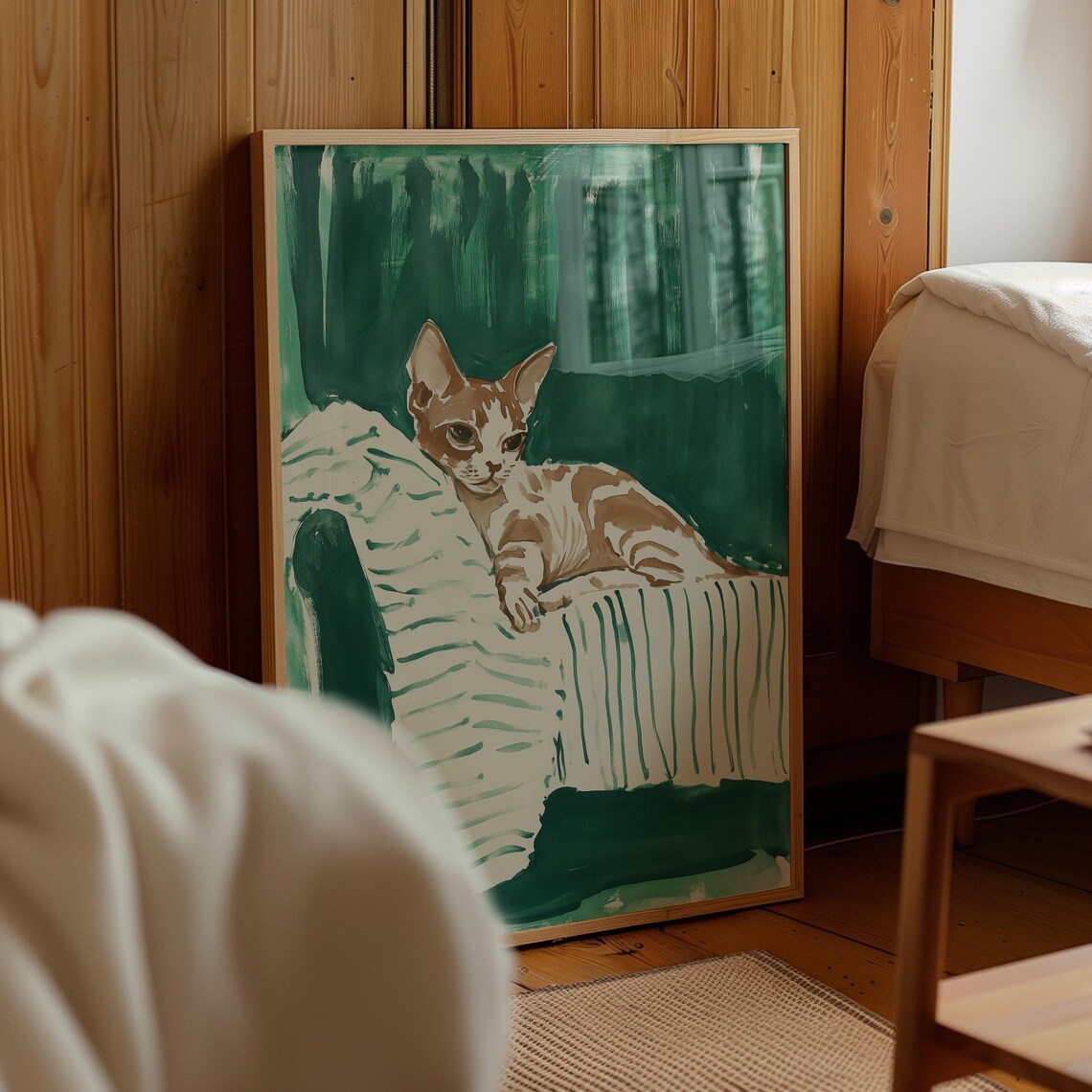 Relaxed Cat Art, Green Living Room Decor