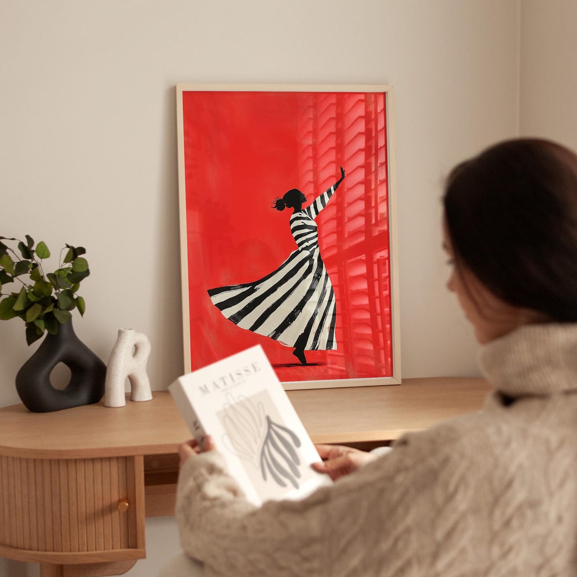 Dancing Woman Striped Dress Red Background Joyful Movement Art Poster - Image 4