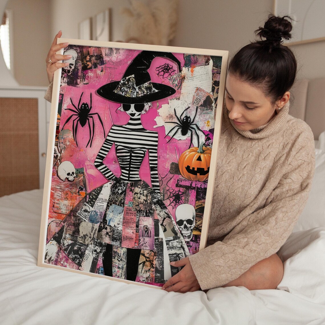 Pink Halloween Witch Collage Spiders Skulls and Pumpkin Spooky Art Poster - Image 4