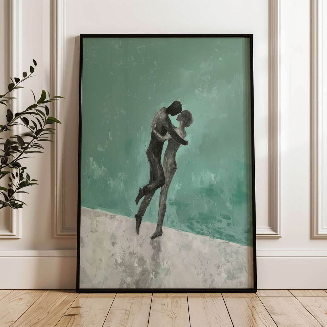 Embracing Couple Emerald Green Abstract Romantic Silhouette Art Poster