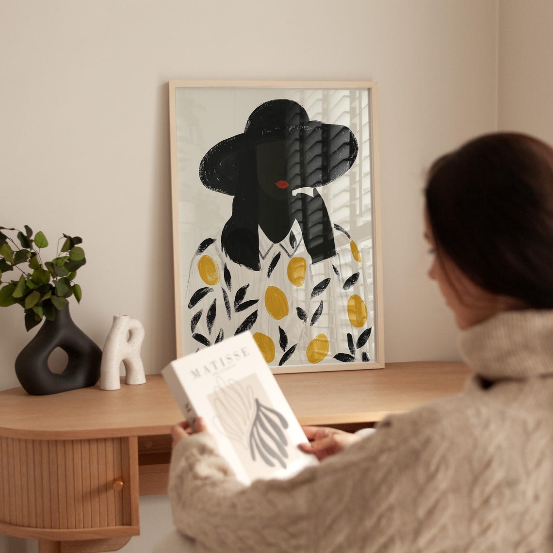 Woman in a Black Hat with a Lemon Pattern Blouse Minimalist Poster - Image 5