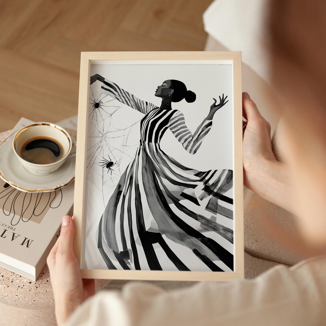 Abstract Striped Dress Witch Dancer Spiderweb Black and White Art Poster - Image 3