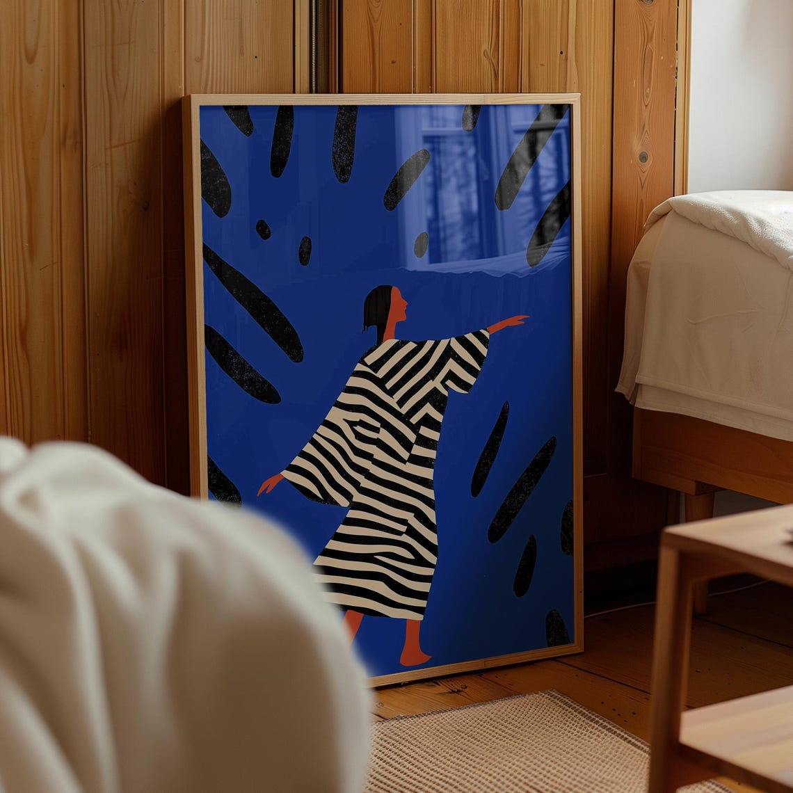 Woman in Striped Robe Bold Blue Abstract Modern Figure Poster - Image 3