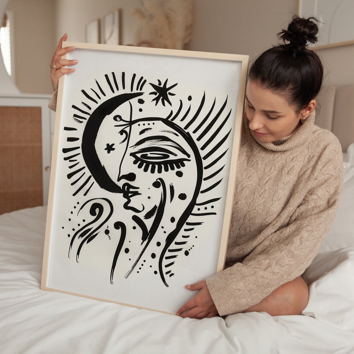 Abstract Sun And Moon Celestial Face Line Drawing In Black Ink Print - Image 2