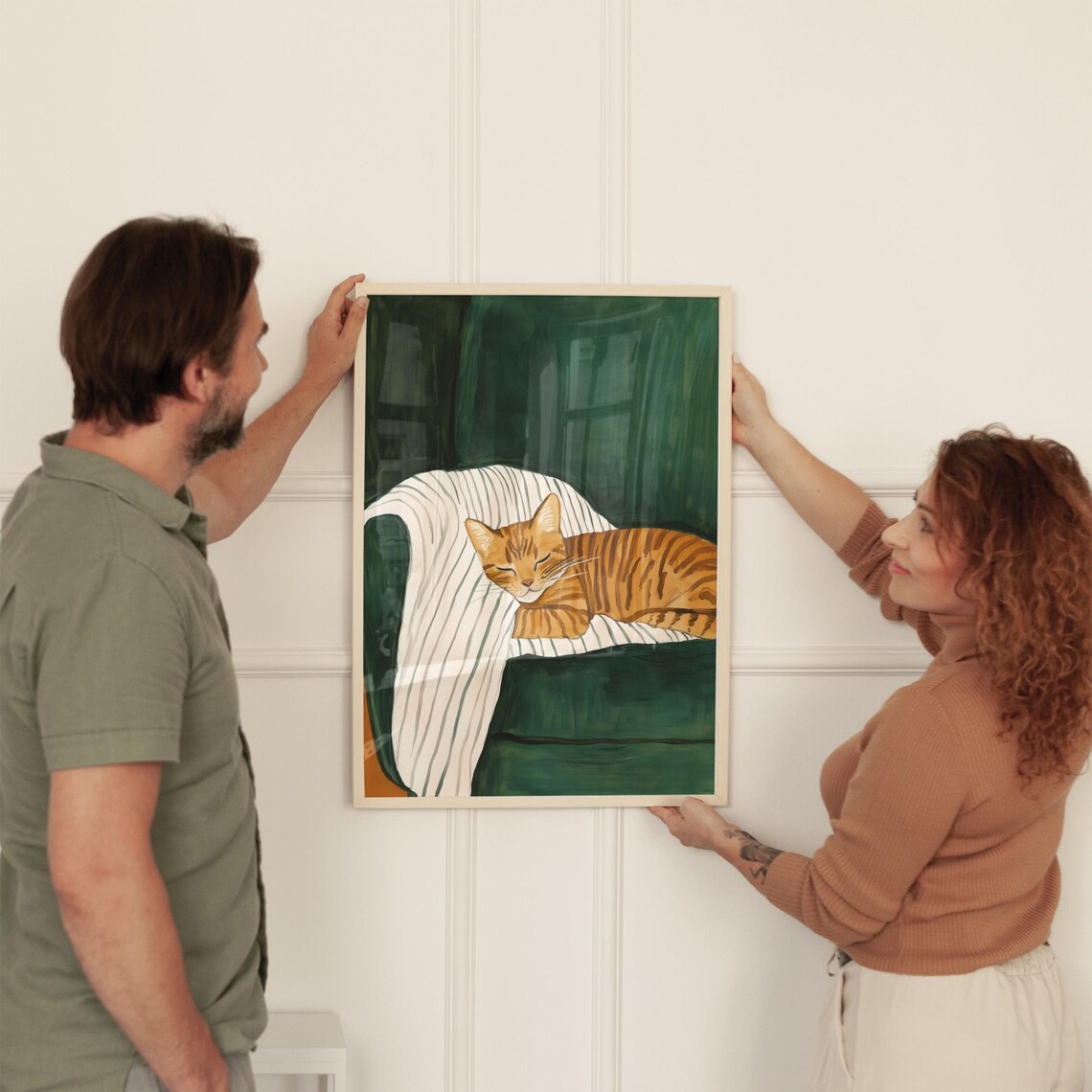 Sleeping Ginger Tabby Cat On Striped Chair Cozy Dark Green Illustration Poster - Image 3