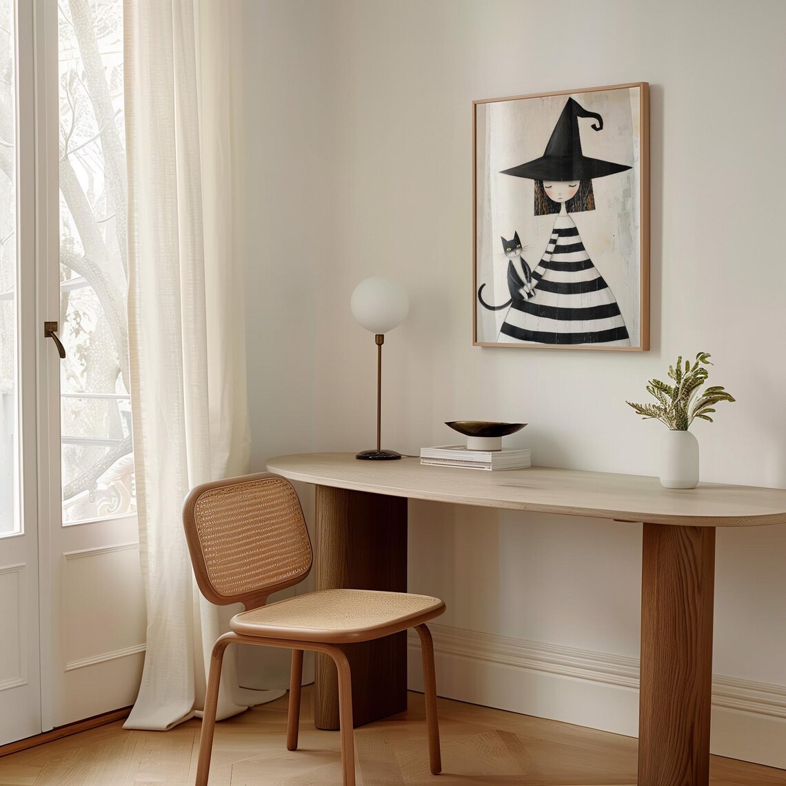 Cute Little Witch In Striped Dress With Black Cat Halloween Poster - Image 3