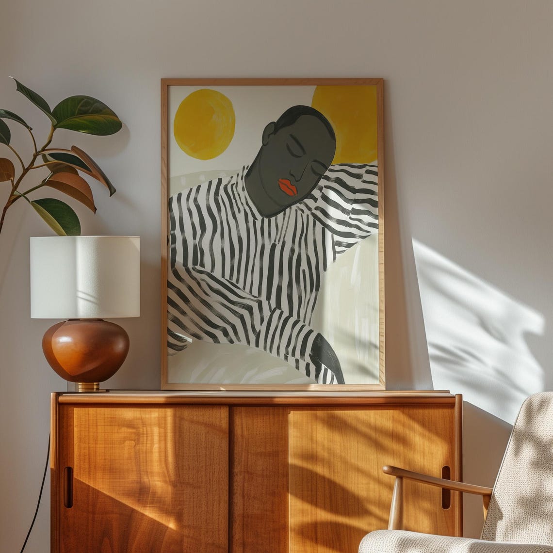 Abstract Portrait Wall Art Sleeping Figure With Bold Sun Modern Striped Shirt Artwork Minimalist Black And White Print Serene Home Decor