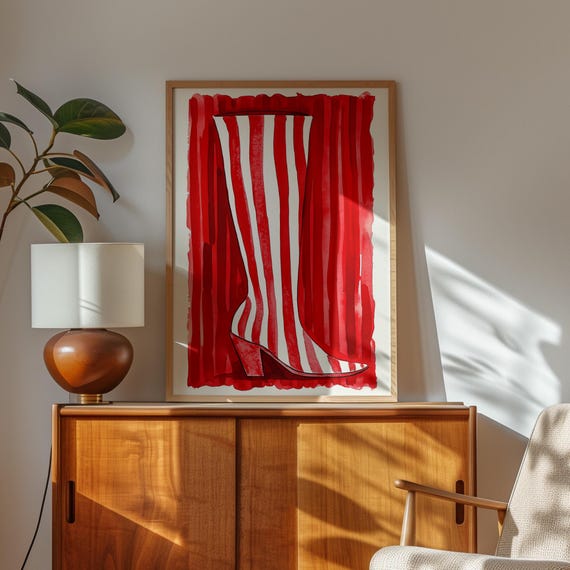 Red And White Striped Boot Illustration Bold Fashion Wall Art Print Modern Footwear Artwork For Stylish Home Unique Shoe Poster