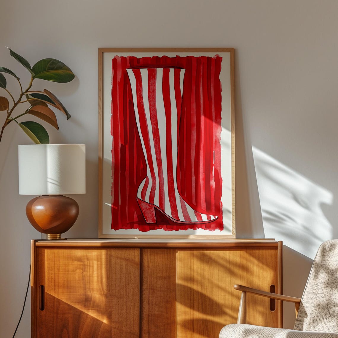 Red and White Striped Boot Fashion Illustration Bold Wall Art