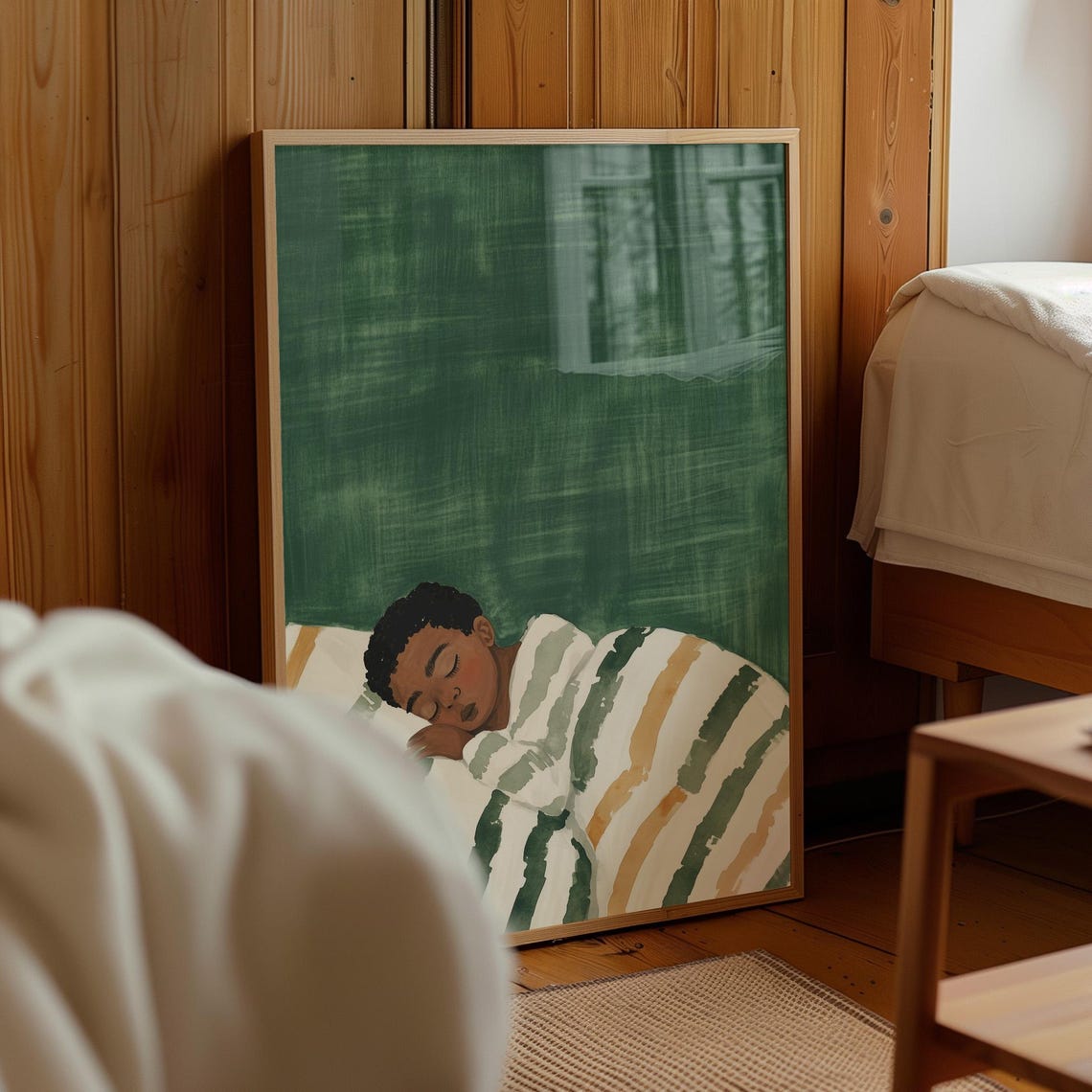 Sleeping Boy Under Striped Blanket Green Nursery Painting Wall Art - Image 4