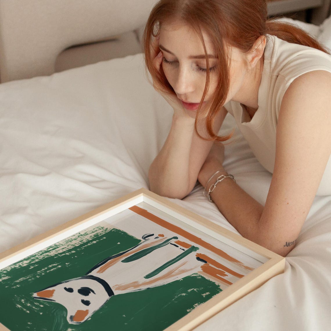 Cute White Dog Orange Ears Emerald Green Naive Pet Portrait Poster - Image 2