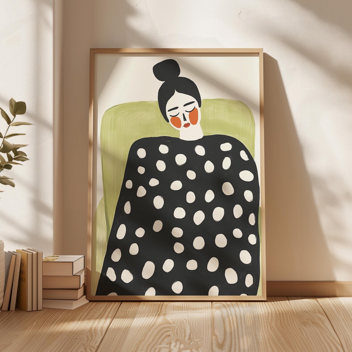 Polka Dot Dress Woman Red Cheeks Whimsical Portrait Green Chair Poster