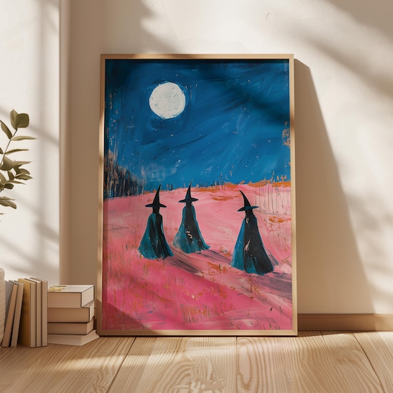 Witch Silhouettes Under Full Moon Pink Night Field Magical Halloween Art Poster