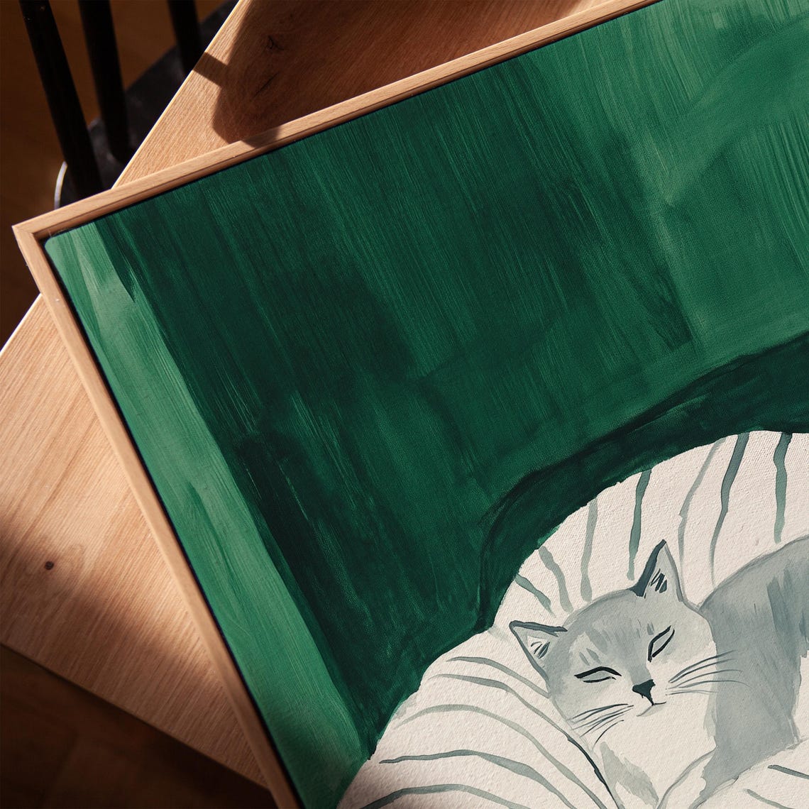 Cozy Calm Gray Cat Curled On Striped Blanket Green Sofa Poster - Image 2