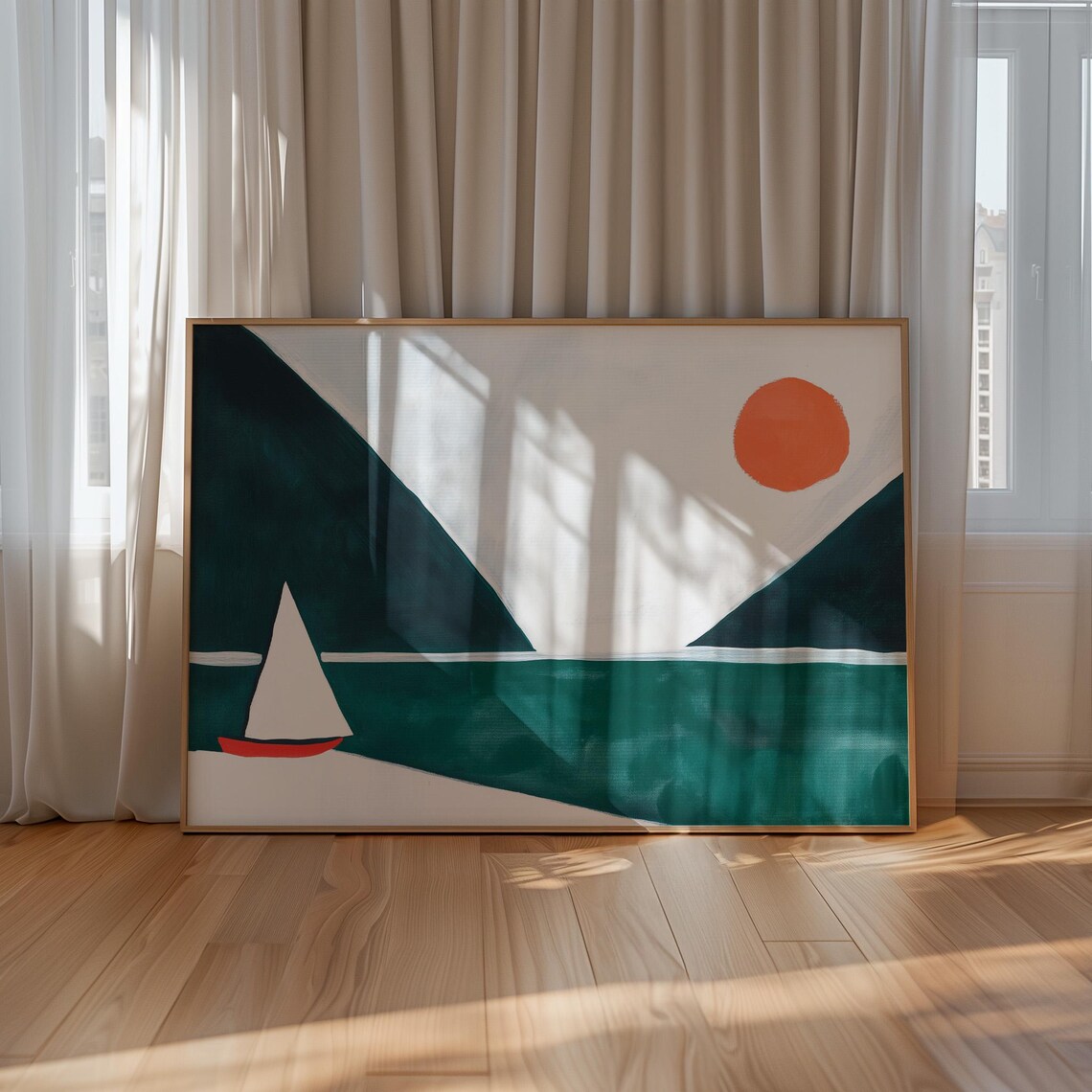 Minimalist Sailboat Art Print, Abstract Coastal Landscape - Image 3