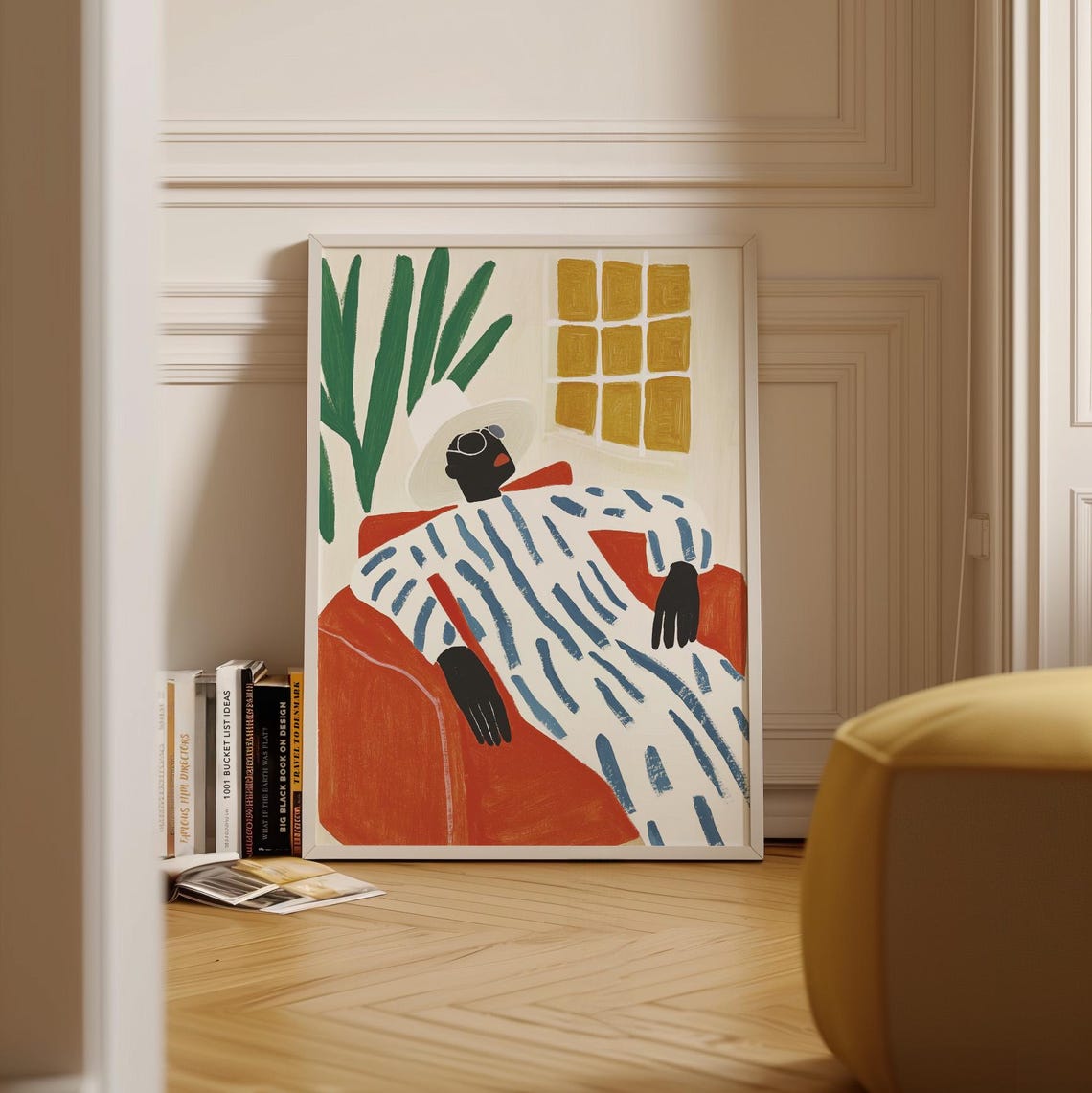 Abstract Lounging Figure Print Bold Modern Portrait Striped Outfit Illustration Stylish Contemporary Home Decor Colorful Minimal Wallart