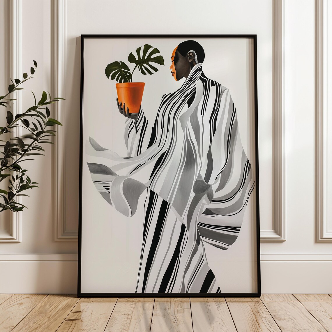 Elegant Striped Gown Woman Monstera Plant Orange Accent Poster - Image 3