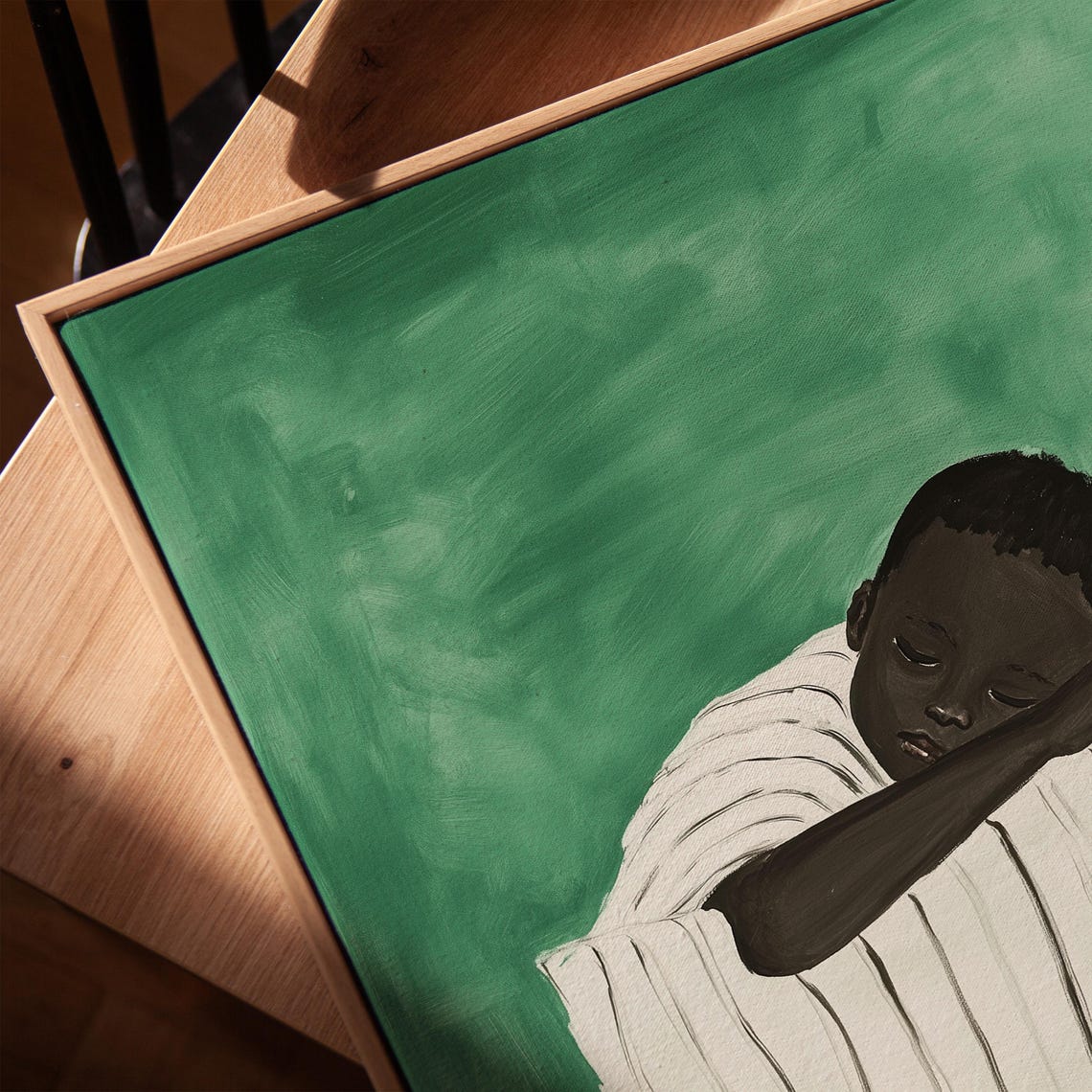 Sleeping Boy Arm Over Striped Bedding Green Nursery Wall Art - Image 3