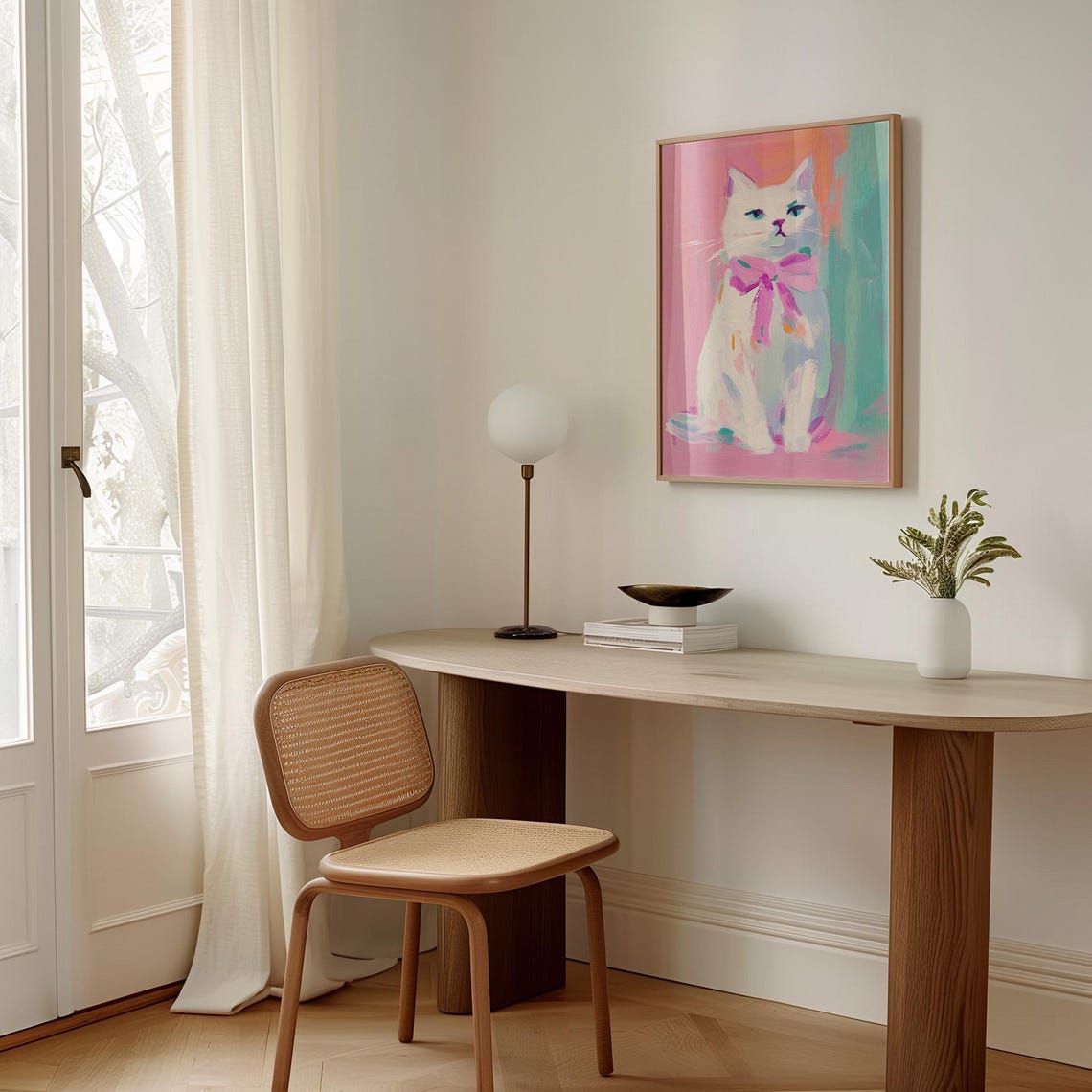 White Cat with Pink Bow Colorful Pastel Portrait Painting Poster - Image 3