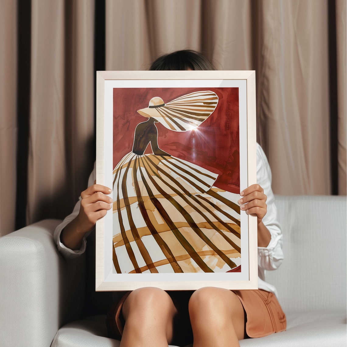 Modern Abstract Woman Portrait Wide Brimmed Hat Striped Poster