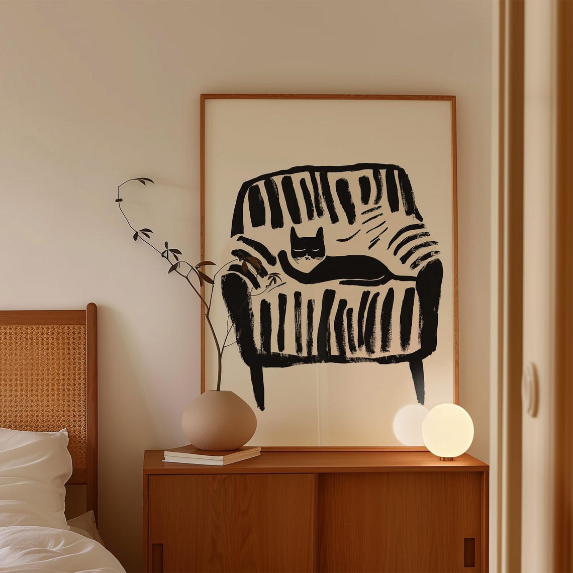 Black Cat On Striped Chair, Minimalist Art Print - Image 3