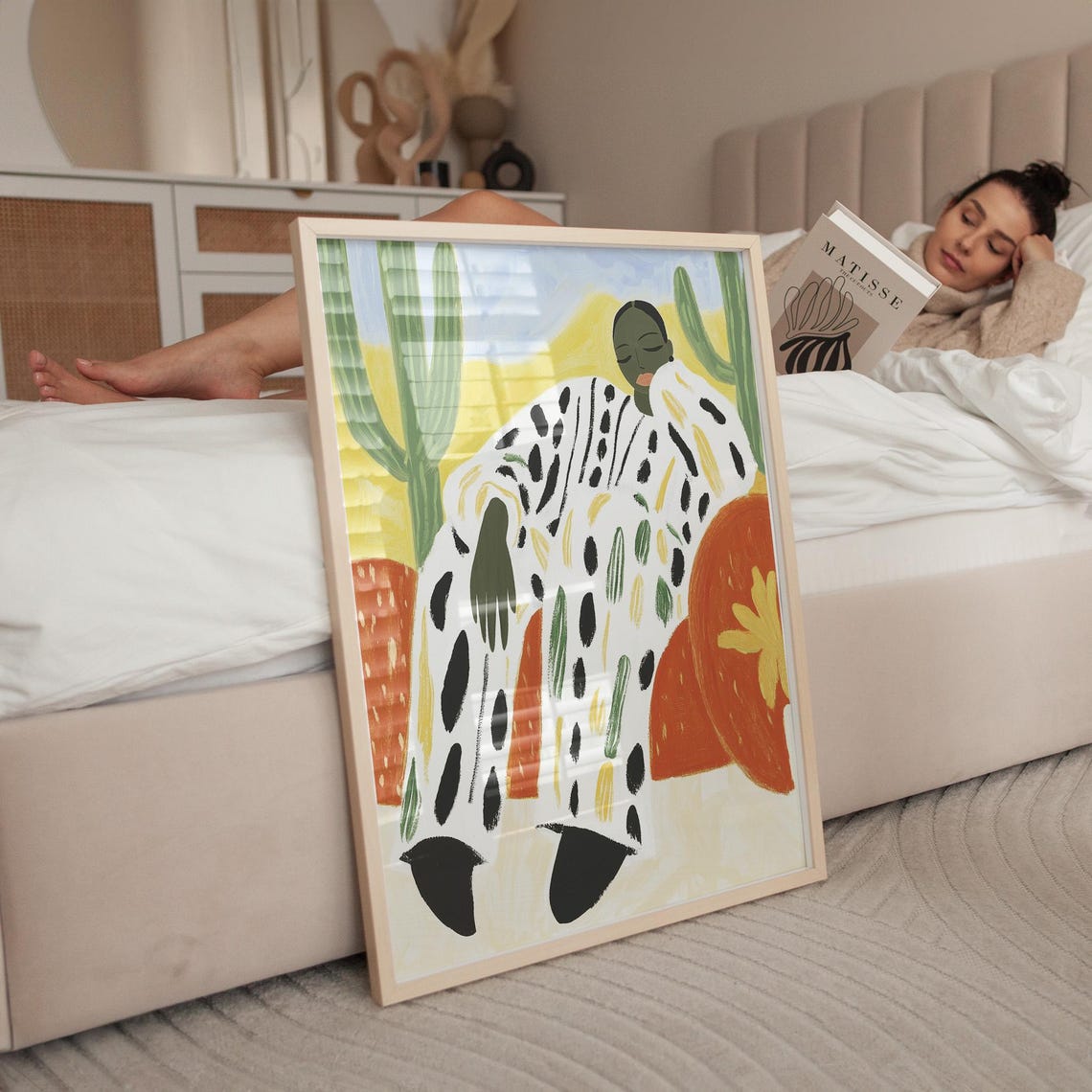 Lounging Figure in a Cactus Desert with Earthy Brushstrokes Poster - Image 4