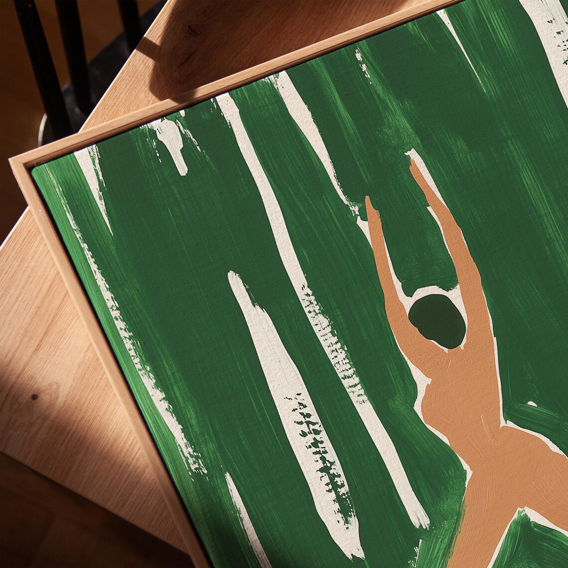 Stylized Yoga Figure Reaching Up In A Green Forest Painting Print - Image 3