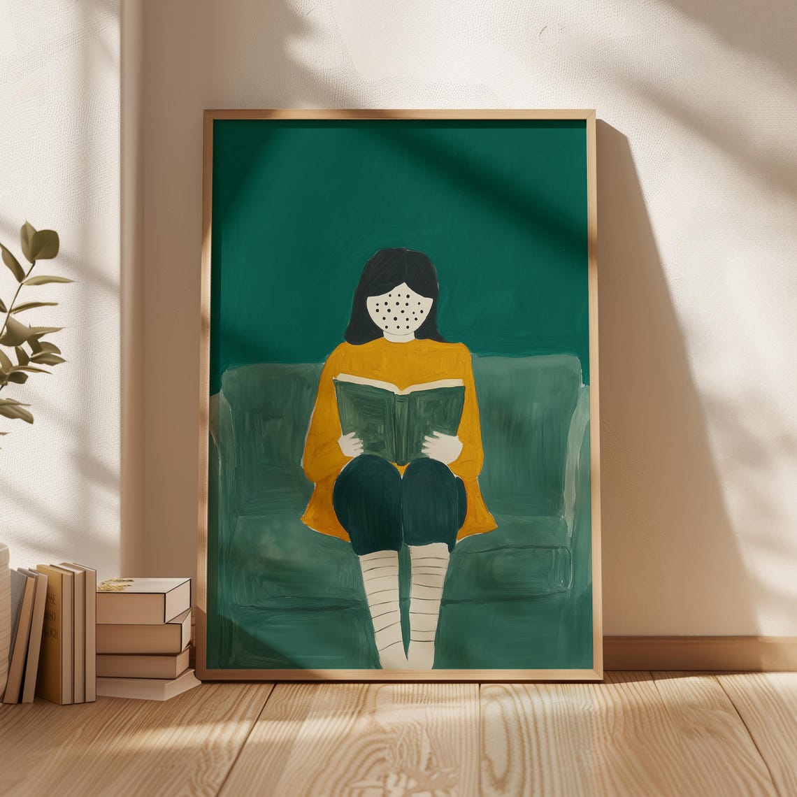 Faceless Reader in a Mustard Sweater Holding a Book on Green Poster