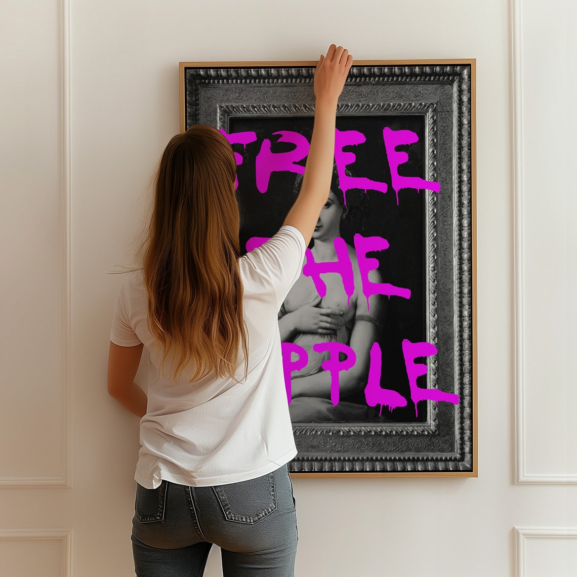 Free The Nipple Neon Pink Graffiti Altered Vintage Portrait Wall Art - Image 2