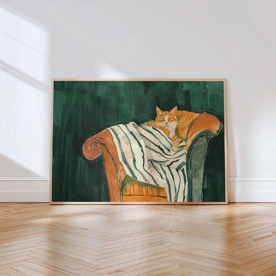 Sleeping Orange Cat Striped Blanket Couch Emerald Green Pet Art Poster