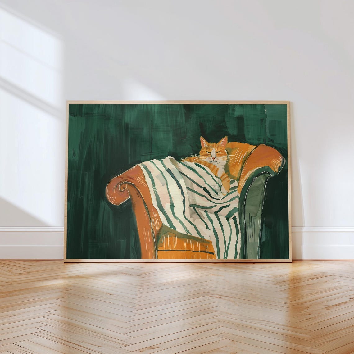Sleeping Orange Cat Striped Blanket Couch Emerald Green Pet Art Poster