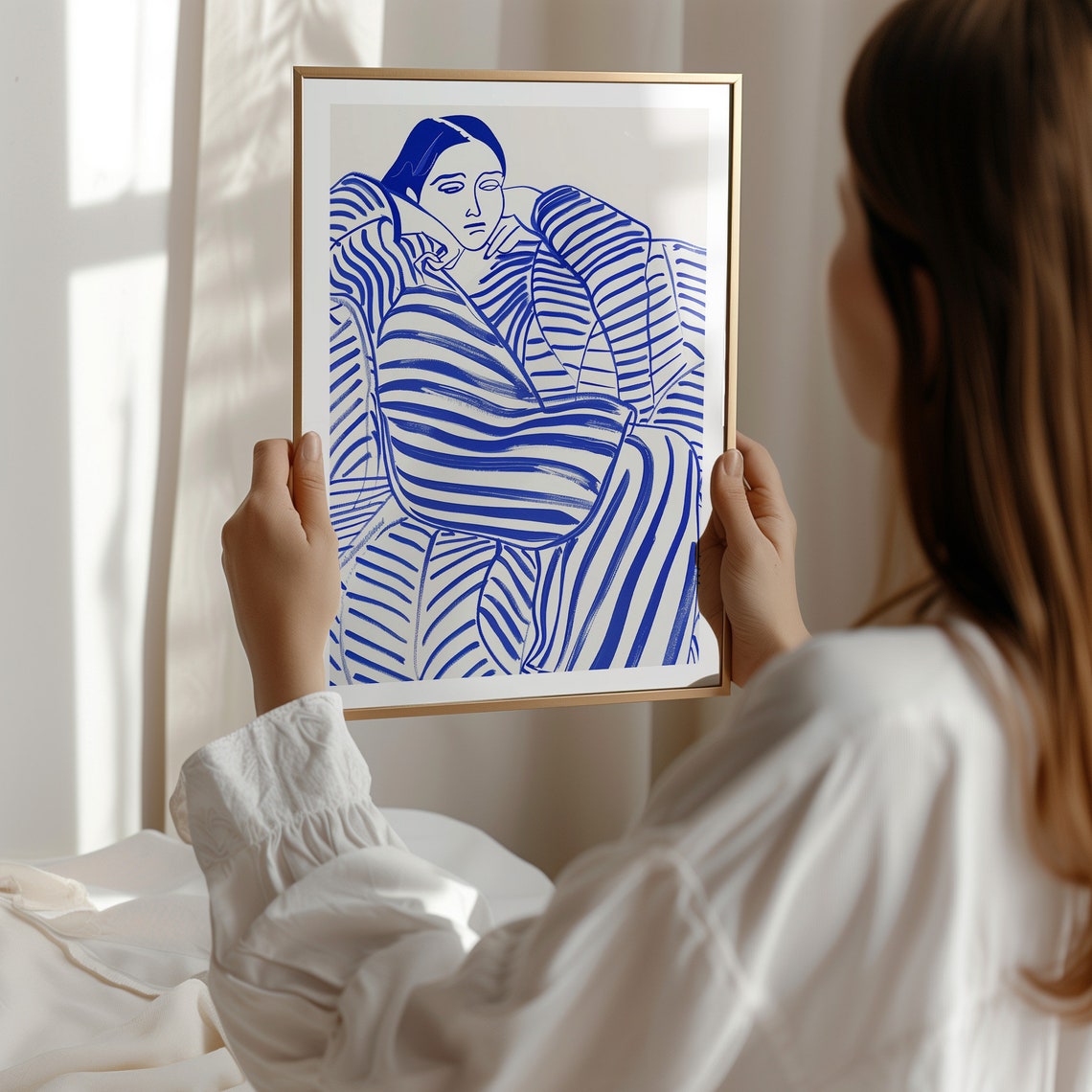 Cobalt Blue Woman In Striped Robe Line Art Portrait Wall Art - Image 3