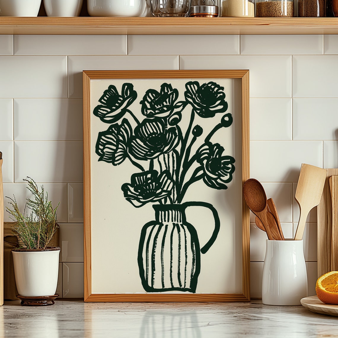 Black Line Art Flower Vase Beige Neutral Botanical Wall Poster - Image 4