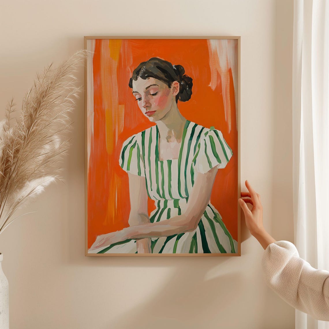 Woman in a Green Striped Dress Against a Bold Orange Ground Poster - Image 5