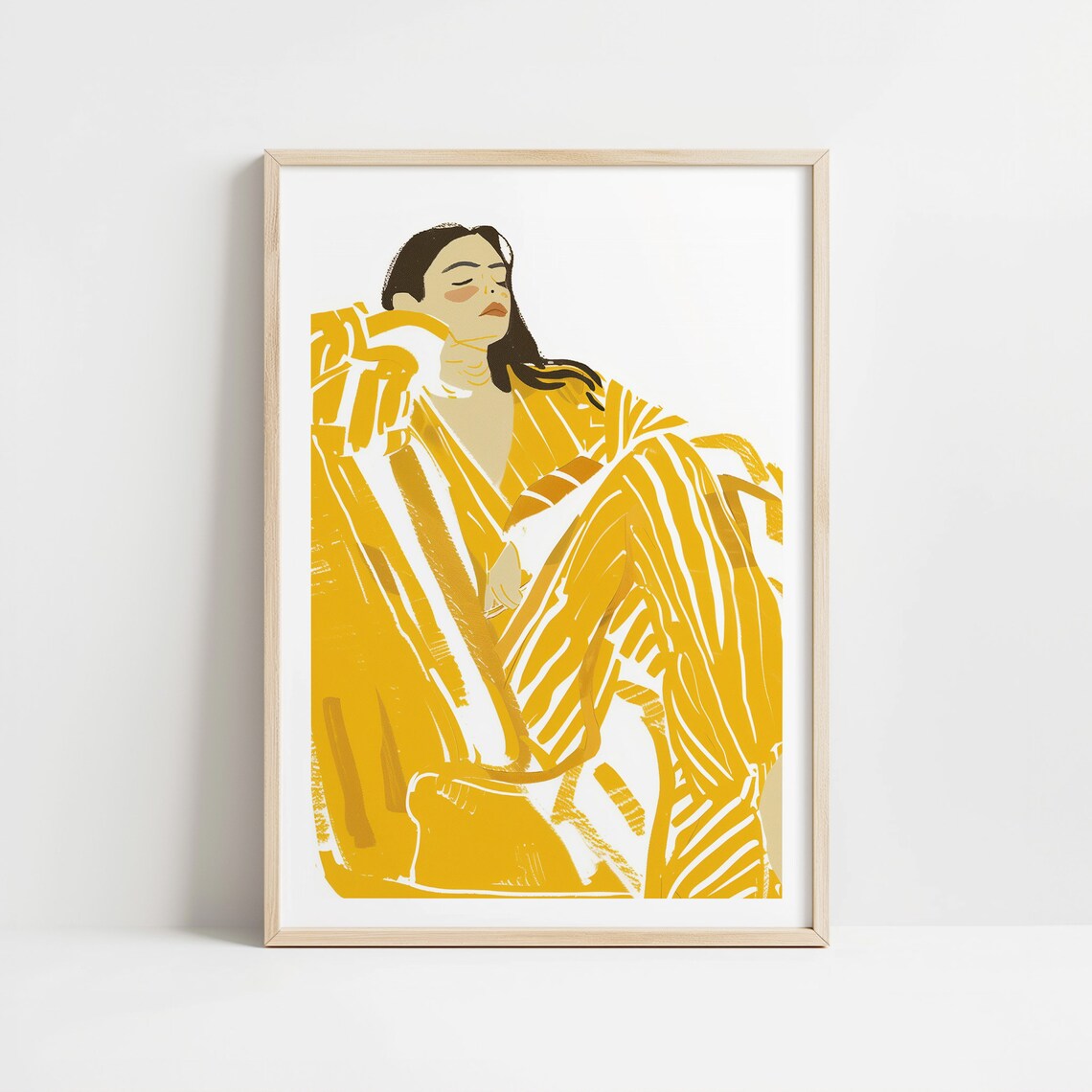 Yellow Striped Robe Woman Portrait Modern Yellow Figure Poster