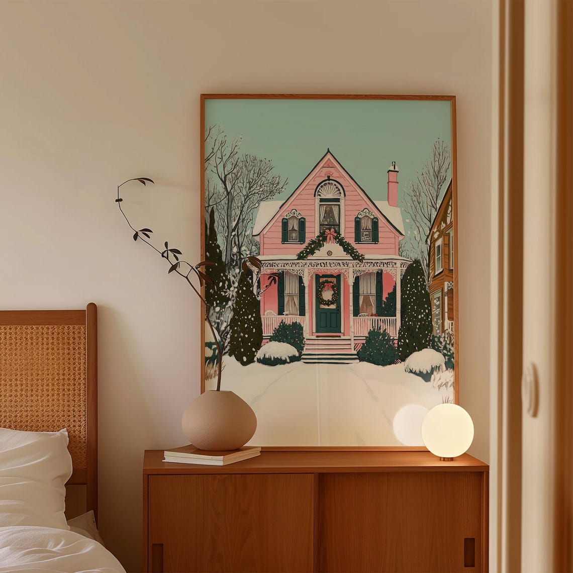 Pink Victorian House Snowy Winter Holiday Village Charming Home Poster - Image 4