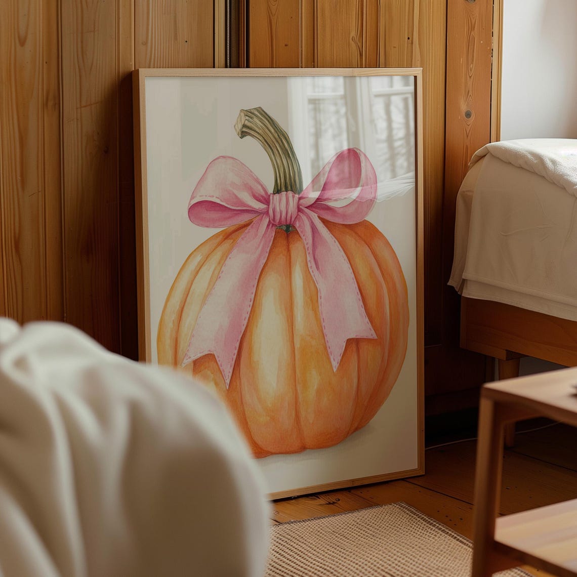 Whimsical Watercolor Pumpkin With Big Pink Bow Fall Art Poster - Image 3
