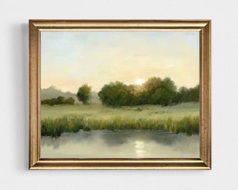 Sunset Field Oil Painting Print Neutral Countryside Landscape Small River Wall Art Farmhouse Decor