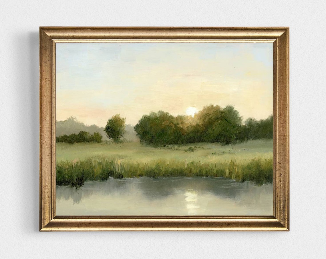 Sunset Field Oil-Painting Print, Neutral Countryside Landscape