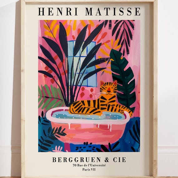 Tiger In A Bath Tub Print Colorful Bathroom Wall Art Matisse Pink Deco Housewarming Gift