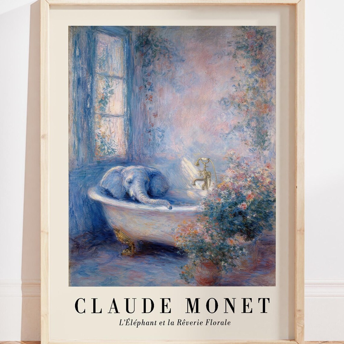 Elephant Bathroom Wall Art, Monet-Inspired Poster