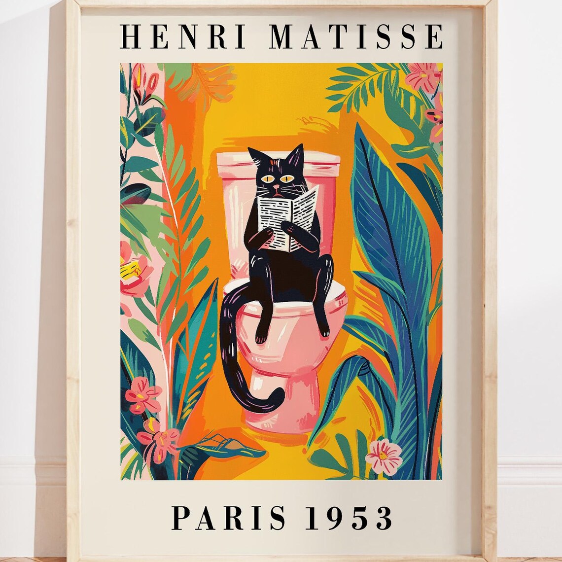Matisse Black Cat Bathroom Art Print, Floral Decor