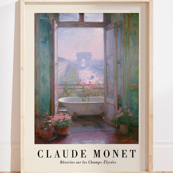 Monet Paris Bathroom Painting Print Pastel Floral Decor Claude Wall Art Bathtub Arc De Triomphe