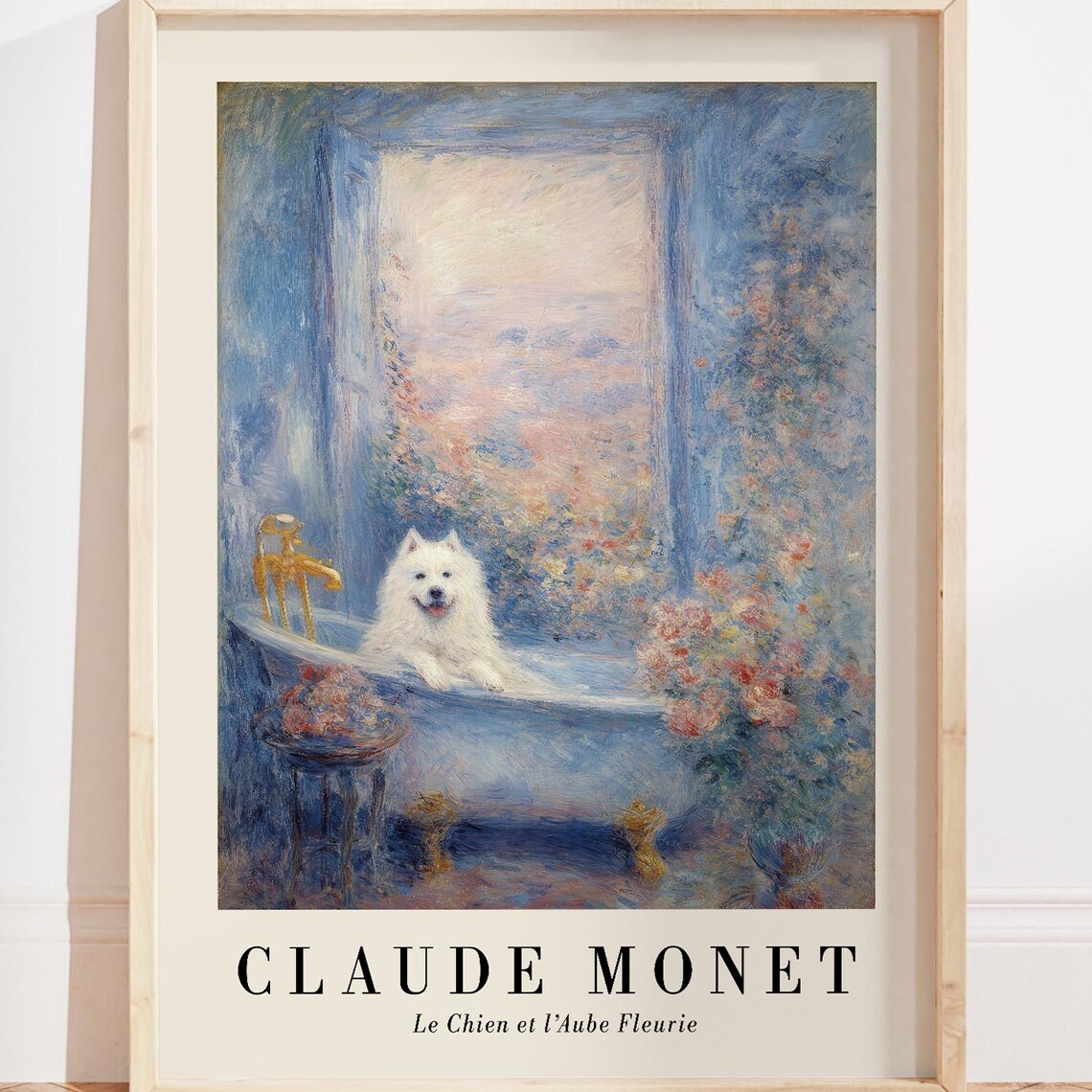Samoyed Bathtub Floral Bathroom Art Print, Monet-Inspired