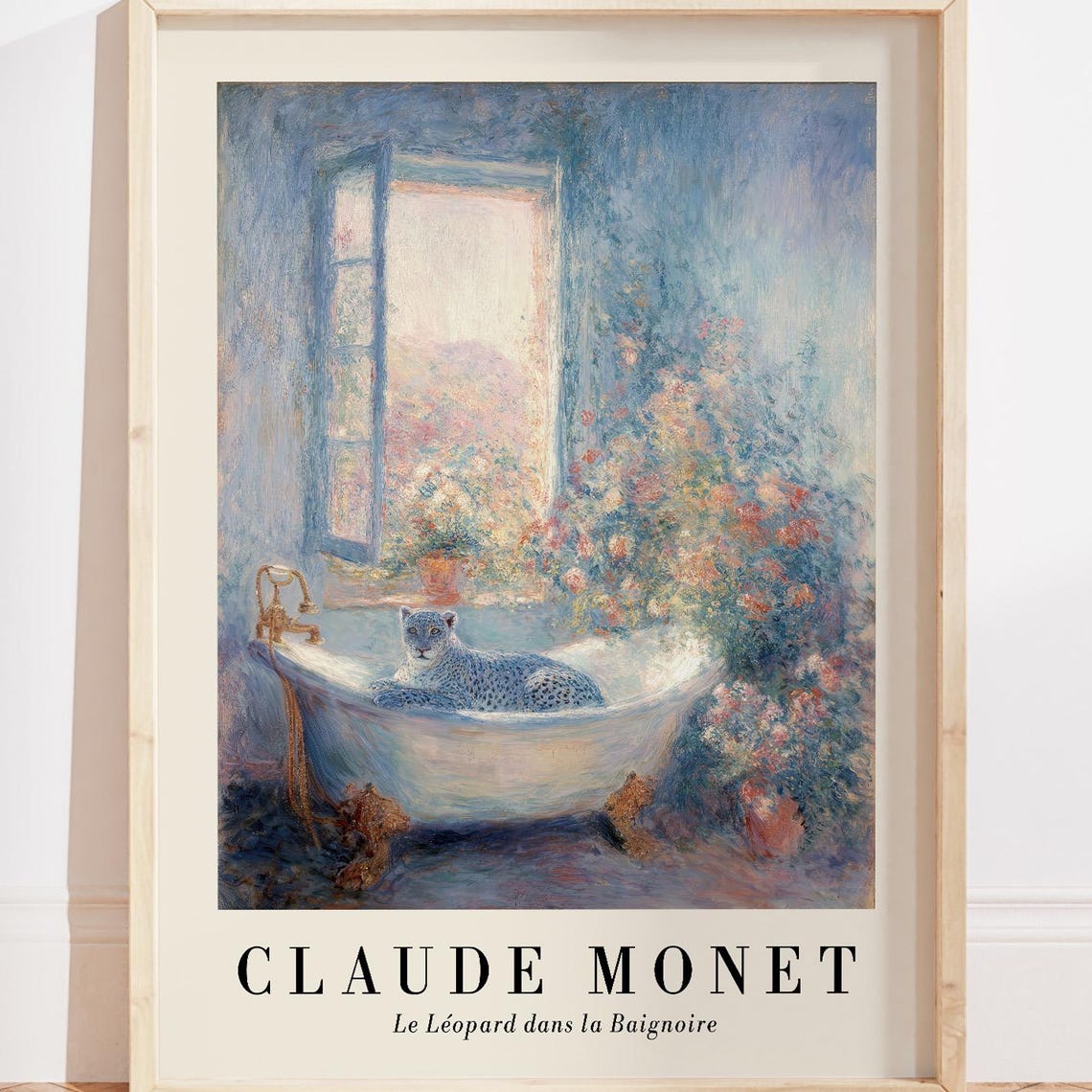 Snow Leopard in Bathtub Monet Style Funny Bathroom Art Poster