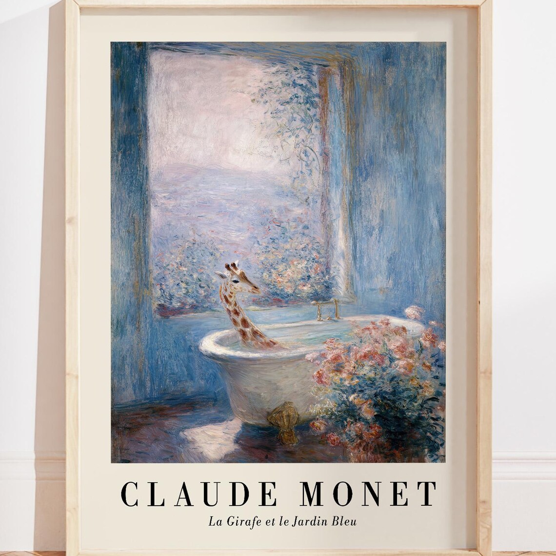 Giraffe in Bathtub Monet Style Funny Animal Bathroom Art Poster