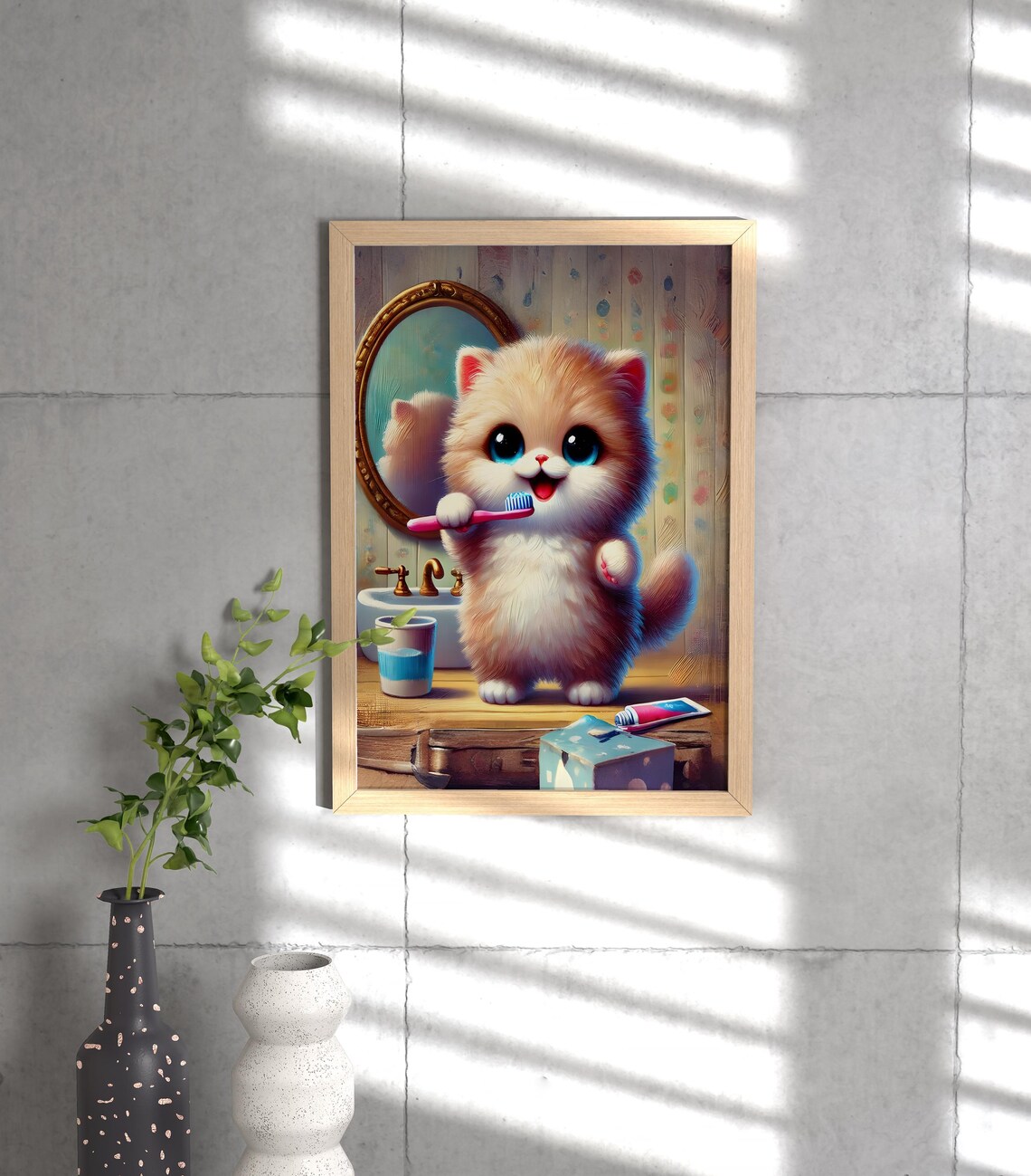 Kitten Brushing Teeth in Bathroom Mirror Cute Nursery Room Poster - Image 3